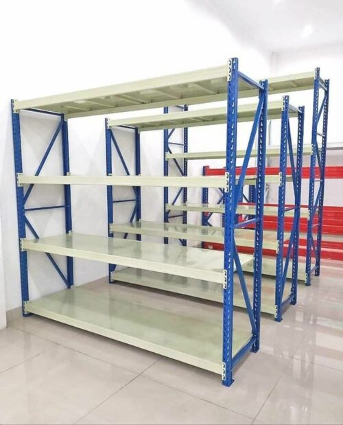 RAK BESI SUSUN GUDANG MEDIUM DUTY TIPE RR-500 TINGGI 200 CM, KAPASITAS (LOAD MAX) 500 KG / LEVEL, UKURAN P.200 x L.60 x T.200 CM, 4 SUSUN SHELVING, WARNA TIANG BIRU SHELVING KREM