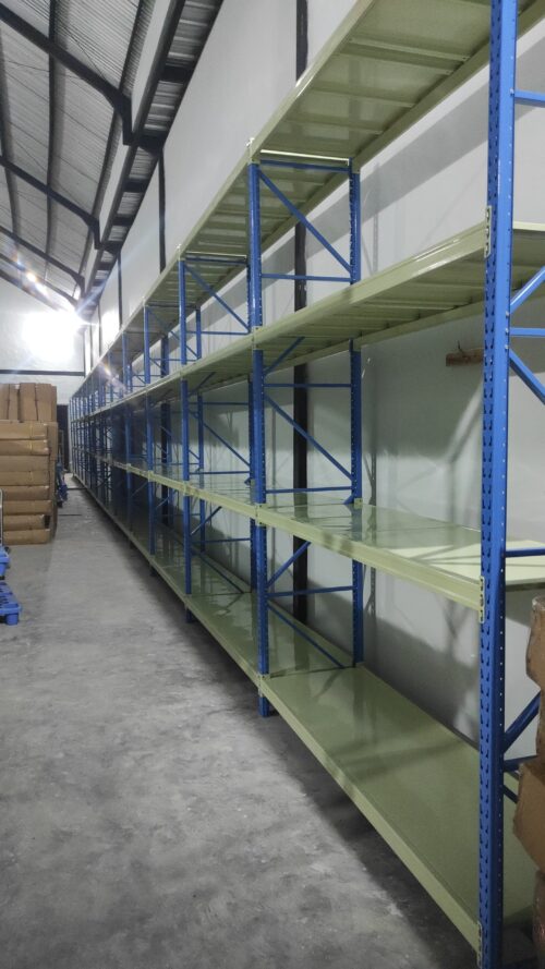 RAK BESI GUDANG MEDIUM DUTY KEKUATAN 500 KG TIPE RR-500 TINGGI 300 CM, UKURAN P.200 x L.60 x T.300 CM, 4 SUSUN, WARNA TIANG BIRU SHELVING PUTIH
