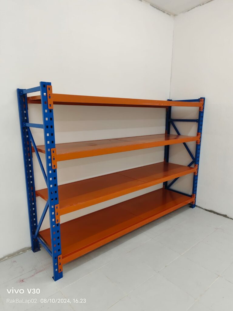 RAK BESI GUDANG MEDIUM DUTY TIPE ZA-300 (PRODUK LOKAL) – KAPASITAS 300 KG / SHELVING ATAU 1,2 TON / UNIT, 4 LEVEL, UKURAN 200x50x200 CM & 200x60x200 CM (WARNA & UKURAN BISA CUSTOM)