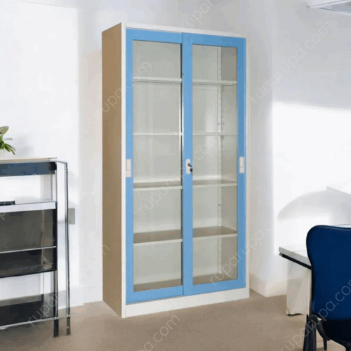 LEMARI ARSIP BESI KANTOR 2 PINTU KACA SLIDING BIRU KRISBOW | RAJARAK.ID