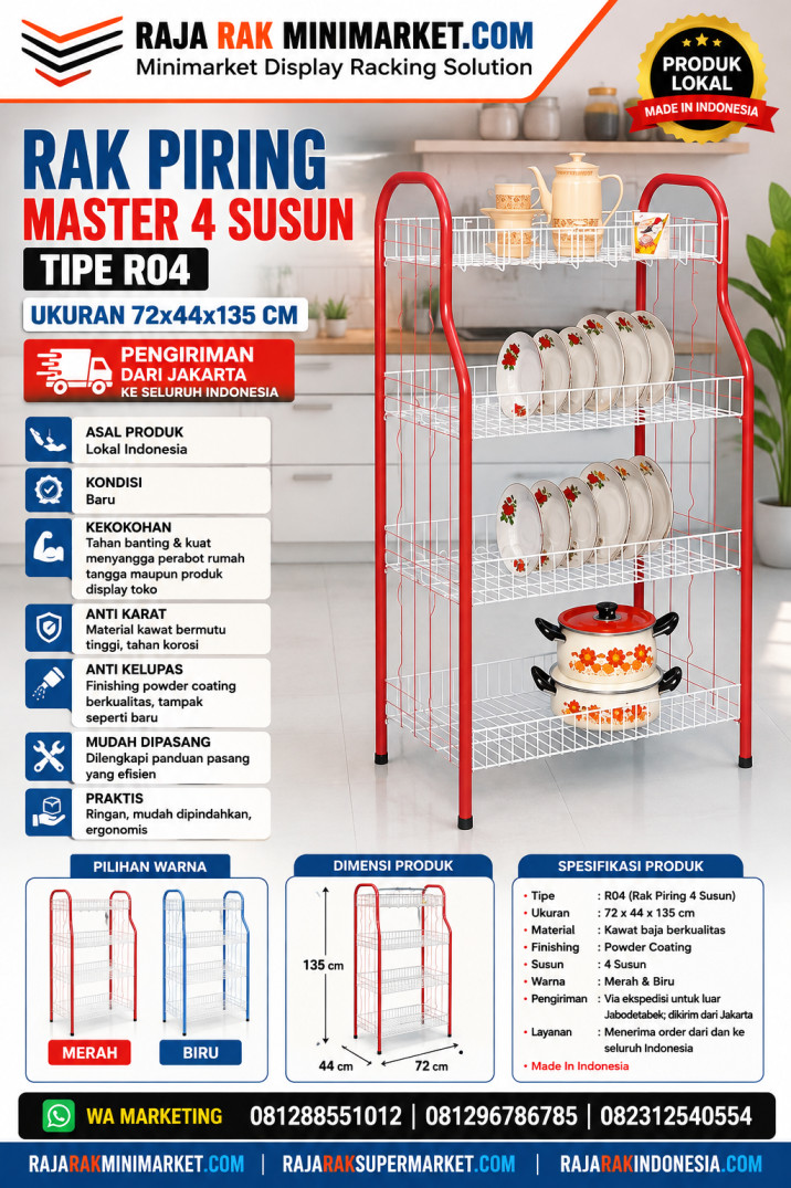 RAK PIRING MASTER 4 SUSUN TIPE R04 UKURAN 72x44x135 CM | RAK PIRING DAPUR RUMAH | RAJARAK.ID