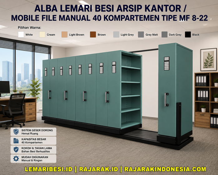ALBA LEMARI BESI ARSIP KANTOR / MOBILE FILE MANUAL 40 KOMPARTEMEN TIPE MF 8-22: Solusi Penyimpanan Arsip Profesional dengan Kapasitas Besar dan Hemat Ruang