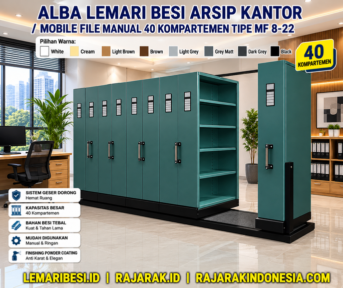 ALBA LEMARI BESI ARSIP KANTOR / MOBILE FILE MANUAL 40 KOMPARTEMEN TIPE MF 8-22: Solusi Penyimpanan Arsip Profesional dengan Kapasitas Besar dan Hemat Ruang