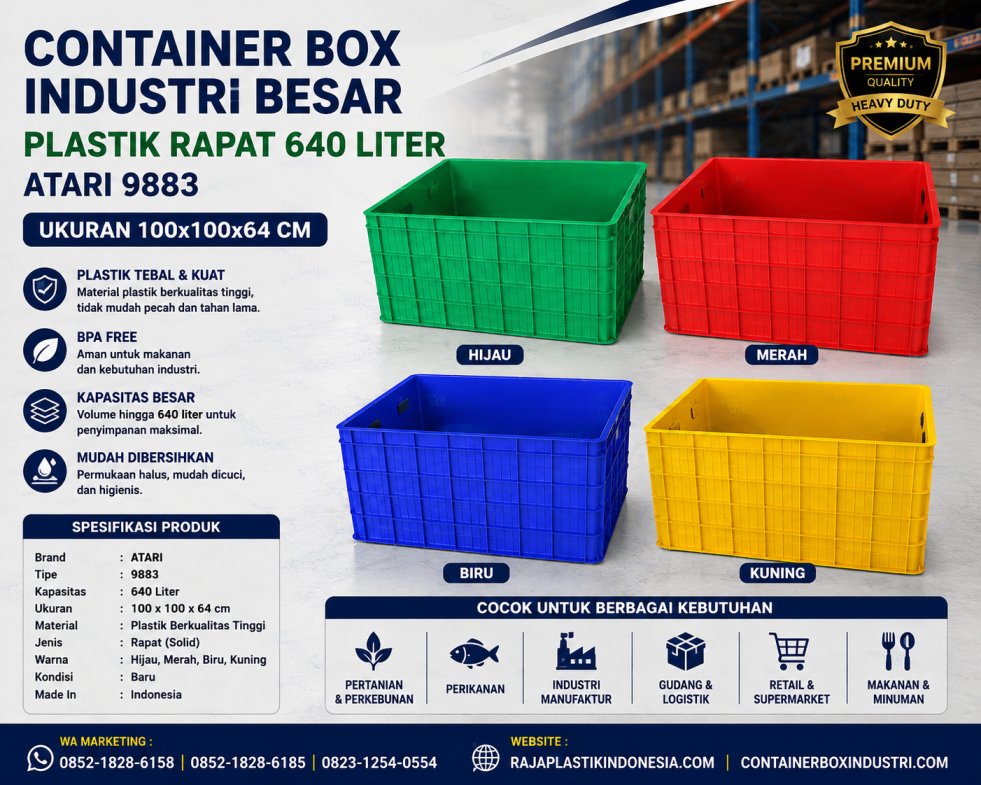 CONTAINER BOX INDUSTRI BESAR PLASTIK RAPAT 640 LITER ATARI 9883 UKURAN 100x100x64 CM | RAJA RAK INDONESIA