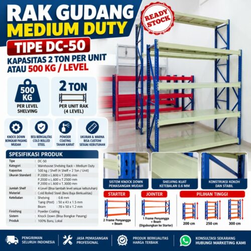 RAK GUDANG MEDIUM DUTY DC-50 KAPS 2 TON PER UNIT ATAU 500 KG/LEVEL | RAJA RAK INDONESIA
